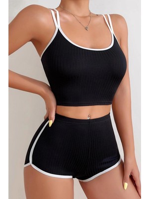 Marsilyan- Kadın Siyah Beyaz Çapraz Lastik Detaylı Kaşkorse Şortlu Gecelik Takımı