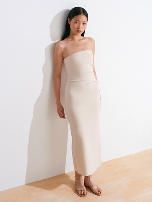 91368 Straplez Midi Elbise-Taş