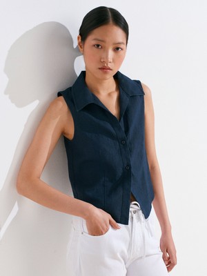 50511 Keten Kolsuz Gömlek-Lacivert