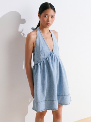 90571 Önü Büzgülü Mini Denim Elbise-Mavi