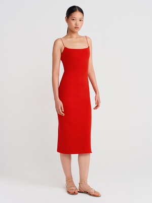 91495 Askılı Midi Elbise-Kırmızı
