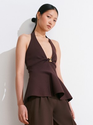 10787 Halter Yaka Metal Detaylı Peplum Triko Bluz-Kahve