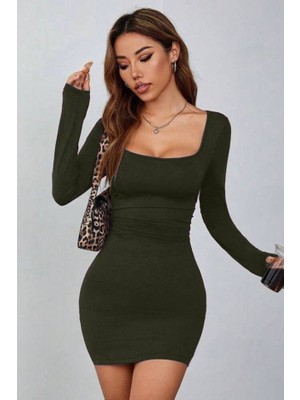 Kadın Tuzun Kollu Kare Yaka Iç Göstermeyen Mini Elbise