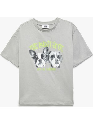 Koton Köpek Baskılı Kısa Kollu Bisiklet Yaka Pamuklu Oversize Tişört
