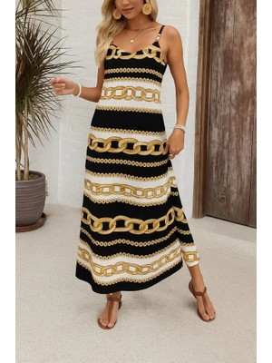 Kadın Ip Askılı Geniş V Yakalı Desenli Süprem Elbise