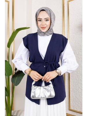 Kadın Bağlamalı Tek Düğmeli Keten Trend Tesettür Yelek Lacivert