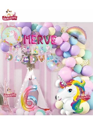 5 Harfli  Yaş Unicorn Temalı Iyi Ki Doğdun Makaron Balon Doğum Günü Parti Kutlama Seti Süsü