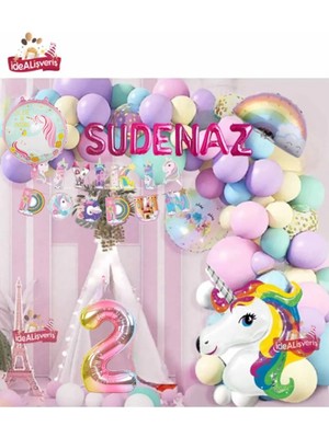 7 Harfli Yaş Unicorn Temalı Iyi Ki Doğdun Makaron Balon Doğum Günü Parti Kutlama Seti Süsü