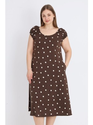Intensive Collection Kahverengi Puantiyeli Askılı Pamuklu Cepli Kadın Büyük Beden Elbise