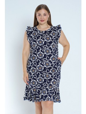 Intensive Collection Kadın Lacivert Büyük Beden Desenli %100 Pamuk Cepli Kolu ve Eteği Fırfırlı Elbise