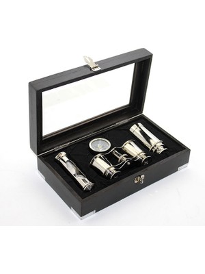 Ahşap Kutulu Pirinç Dürbün Pusula ve Kum Saati Seti