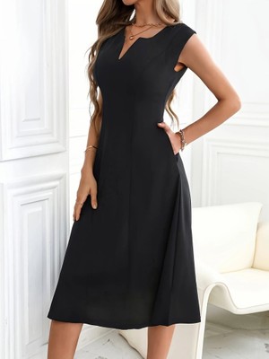 Ahes Shopping Kadın Kolsuz V Yakalı Midi Ithal Krep Elbise