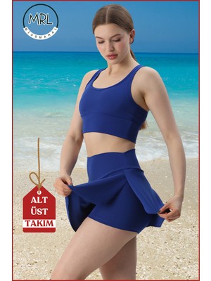 Kadın Alt-Üst Takım Şort & Sabit Pedli Üst Crop Denizde Havuzda Sporda Swimsuit Mavi Takım 3107