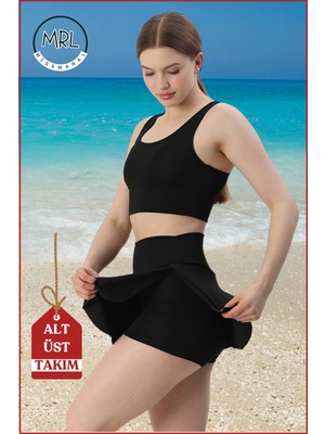 Kadın Siyah Alt-Üst Takım Şort & Sabit Pedli Üst Crop Denizde Havuzda Sporda Swimsuit TAKIM33107
