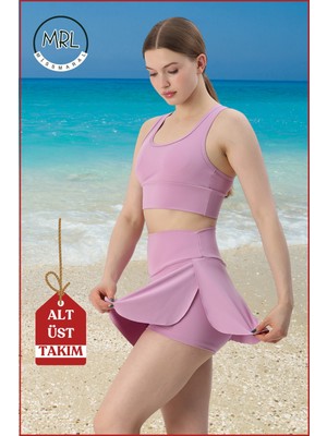 Kadın Alt-Üst Takım Şort & Sabit Pedli Üst Crop Denizde Havuzda Sporda Swimsuit Lila Takım 3107
