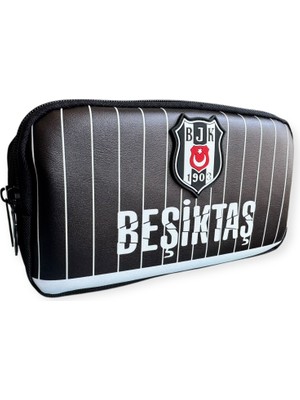 Cmk Beşiktaş Lisanslı Çift Gözlü Kalem Çantası, Siyah-Beyaz Çubuklu Desen, Suni Deri