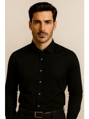 Erkek Slim Fit Pamuk Saten Dar Kesim Siyah Pamuklu Gömlek