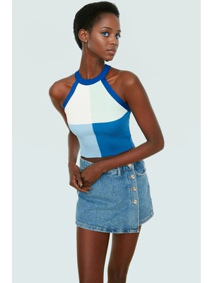 Yazlık Kadın Bluz Renk Bloklu Triko Crop Halter Yaka Rahat Özel Tasarım Uzun Ömürlü