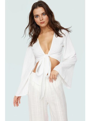 Rahat Kalıp Crop Bluz Ispanyol Kol V Yaka Dokuma Kumaş Plaj Şıklığı Yüksek Kalite