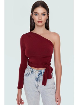 Rahat ve Şık Örme Crop Bluz Tek Kol Uzun Kollu Asimetrik Yaka Özenle Seçilmiş