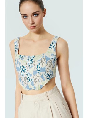 Basic Koleksiyon Fitted Crop Bluz Kare Yaka Çok Çiçek Desenli Dokuma Uzun Ömürlü