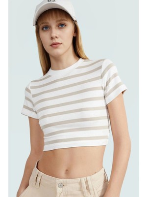 Yazlık Kısa Kollu Çizgili Bisiklet Yaka Fitted Crop Bluz Viskoz Kaliteli Işçilik Konforlu Kesim