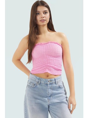 Straplez Büzgü Detaylı Örme Bluz Fitted Yazlık Esnek Modern Stil Özel Tasarım Mükemmel Uyum