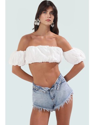 Dokuma Pamuk Bluz Çok Çiçek Desen Carmen Yaka Omzu Yazlık Mükemmel Uyum