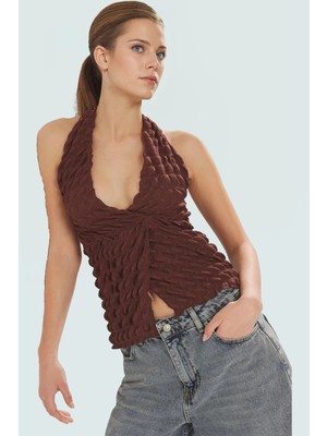 Asimetrik Boyundan Bağlamalı Bluz Örme Kumaş Fitted Kalıp Yazlık Konforlu Kesim