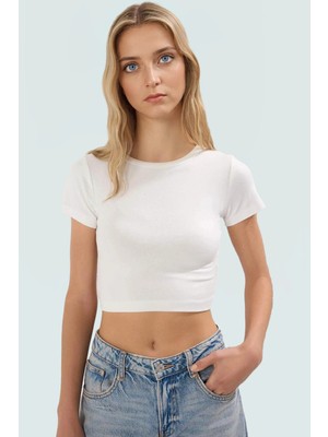 Viskoz Ribana Kumaşlı Rahat Crop Bluz 2li Paket Fitted Kalıp Renk Günlük Kullanım