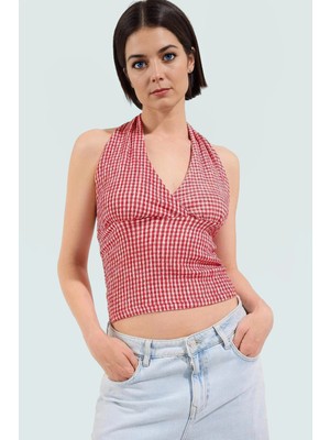 Rahat ve Şık Kareli Boyundan Bağlamalı Bluz Örme Kumaş Yazlık Görünüm Premium Kalite