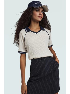 Kısa Kollu Örme Bluz Polo Yaka Renk Bloklu Desen 74% Polyester 26% Pamuk Premium Kalite