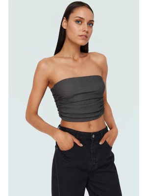 Büzgülü Örme Straplez Bluz Crop Fitted Rahat Yazlık Uzun Ömürlü ve Şık