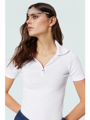 Fitted Vücut Oturan Fermuarlı Polo Yaka Kısa Kollu Bluz %70 Polyester Rahat ve Şık