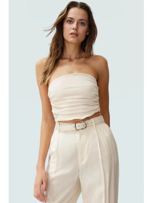 Büzgülü Örme Straplez Bluz Crop Fitted Rahat Yazlık Uzun Ömürlü ve Şık