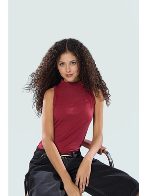 Dik Yaka Örme Bluz Fitted Kalıp %100 Polyester Yazlık Günlük Konforlu Kesim Şık Görünüm