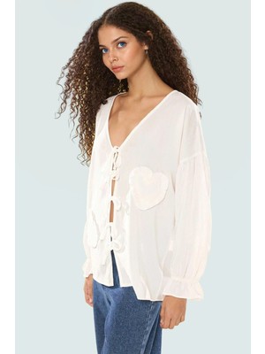 Dokuma Terrycotton Bluz V Yaka Uzun Kollu Oversize Kalıp Ömürlü Rahat ve Şık