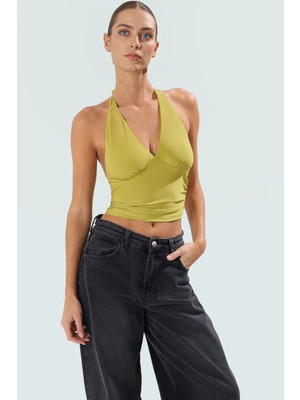 Vücuda Oturan Boyundan Bağlamalı Crop Bluz Polyester Elastan Sandy Dokuma Yüksek Kalite