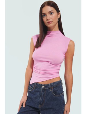 Yazlık Viskoz Örme Bluz Dik Yaka Fitted Asimetrik Büzgü Detaylı Günlük Kullanım Için