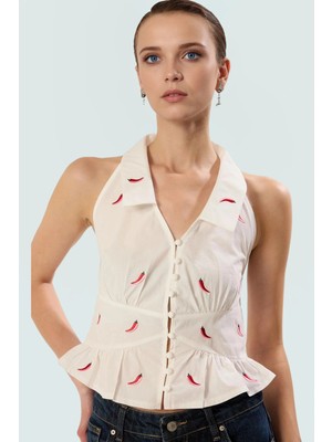 Kolsuz Bluz Fitted Terrycotton Kumaş Biber Desenli Şık Tasarım Dayanıklı Malzeme Yüksek Kalite