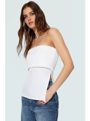 Yandan Fermuarlı Krep Örme Straplez Bluz Premium Kalite Modern Stil