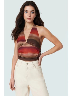 Vücuda Oturan Boyundan Bağlamalı Crop Bluz Polyester Elastan Sandy Dokuma Yüksek Kalite