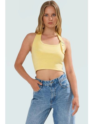 Aksesuar Detaylı Örme Crop Bluz %96 Viskoz %4 Elastan Yazlık Günlük Özenle Seçilmiş