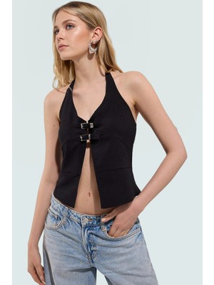 Crop Bluz V Yaka Kolsuz Fitted Polyester Elastan Karışım Trend Tasarım Özel