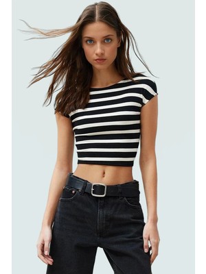 Viskon Ribana Kadın Crop Bluz Ay Kol Bisiklet Yaka Fitted Günlük Özenle Seçilmiş Seçkin Malzeme