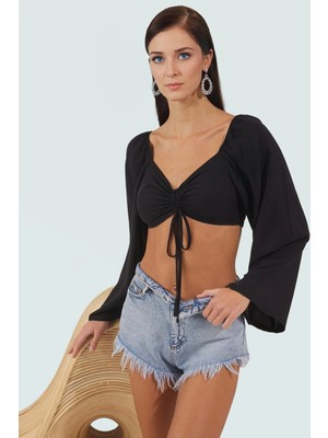 Plaj Için Ideal Dokuma Fitted Bluz Degaje Yaka Uzun Kollu Şık Görünüm Rahat ve