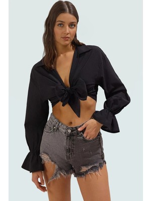 Plaj Için Örme Bluz %100 Pamuk Crop Kesim Gömlek Yaka Uzun Ömürlü Özenle Seçilmiş