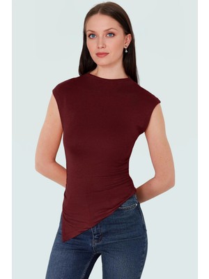 Yazlık Viskoz Örme Bluz Dik Yaka Fitted Asimetrik Büzgü Detaylı Günlük Kullanım Için