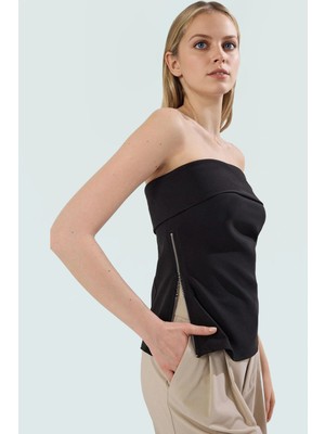 Yazlık Straplez Bluz Finike Dokuma Regular Kalıp Yan Fermuar Detayı Özel Tasarım