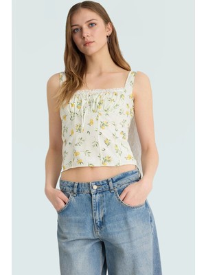 Nefes Alan Viskoz Dokuma Crop Bluz Limon Desenli Yazlık Zarifane Tasarım Premium Kalite